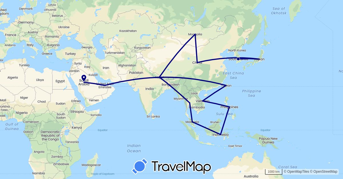 TravelMap itinerary: driving in United Arab Emirates, China, Indonesia, Japan, South Korea, Mongolia, Malaysia, Nepal, Philippines, Saudi Arabia, Thailand, Taiwan (Asia)
