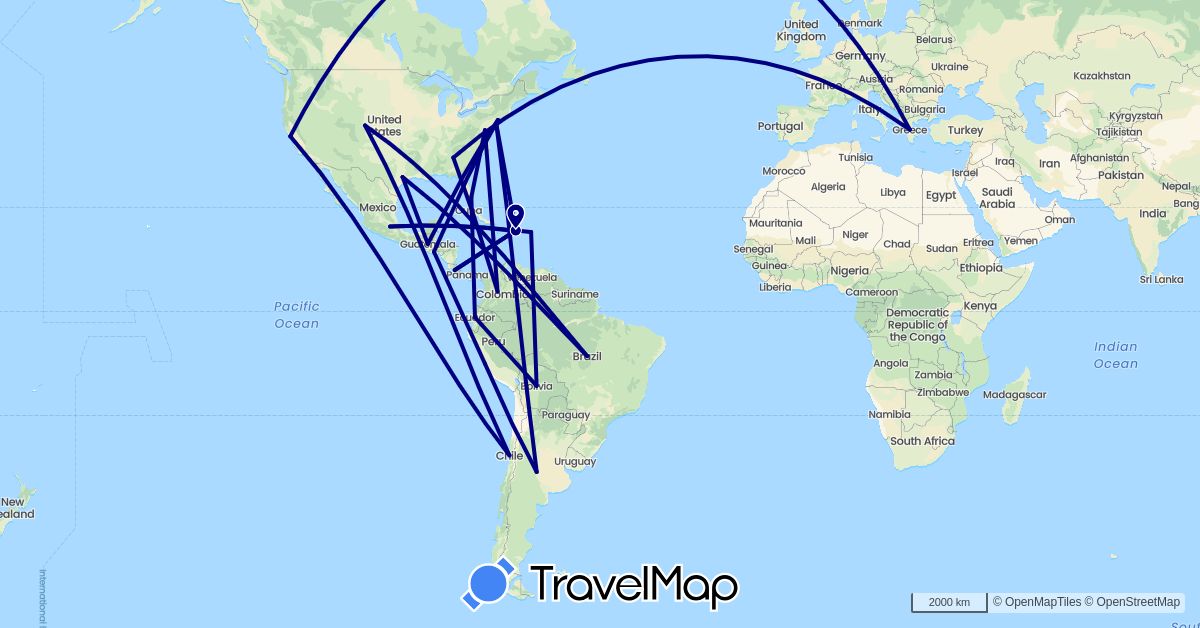 TravelMap itinerary: driving in Argentina, Bolivia, Brazil, Chile, Colombia, Costa Rica, Dominican Republic, Ecuador, Greece, Guatemala, Mexico, Peru, El Salvador, United States (Europe, North America, South America)